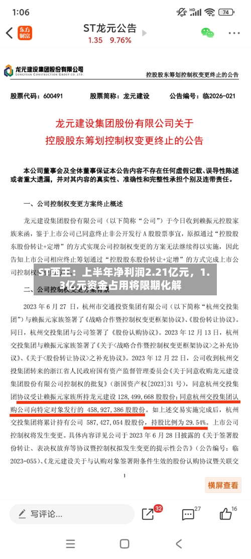 ST西王：上半年净利润2.21亿元，1.3亿元资金占用将限期化解