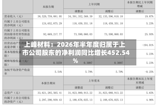 上峰材料:2026年半年度归属于上市公司股东的净利润同比增长452.54%-第1张图片
